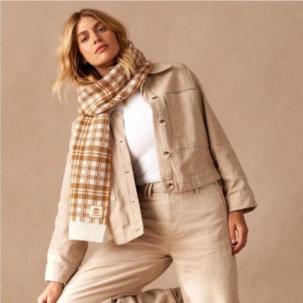 Timberland Tan Brown Cream Windowpane Plaid Knit Scarf